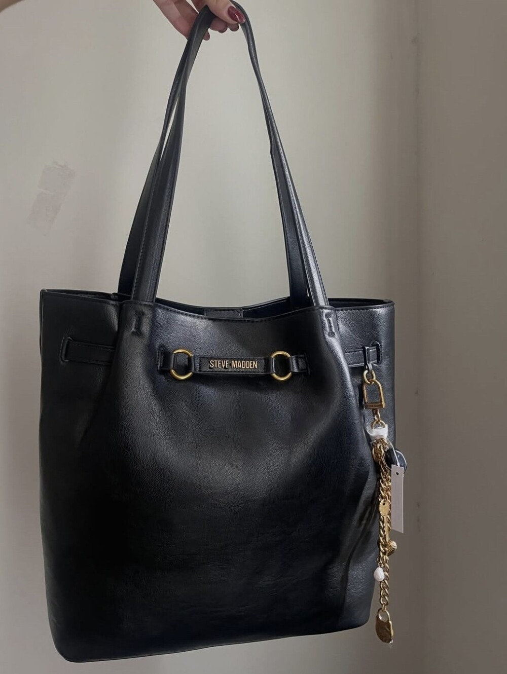 Steve Madden Black Leather Tote with Gold Accent Charm